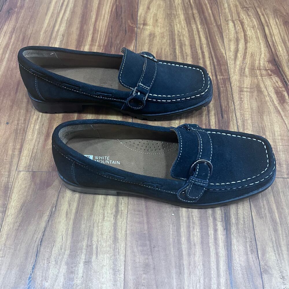 White Mountain Women's Black Suede Loafers Flats Silver Toned Buckle Size‎ 8.5